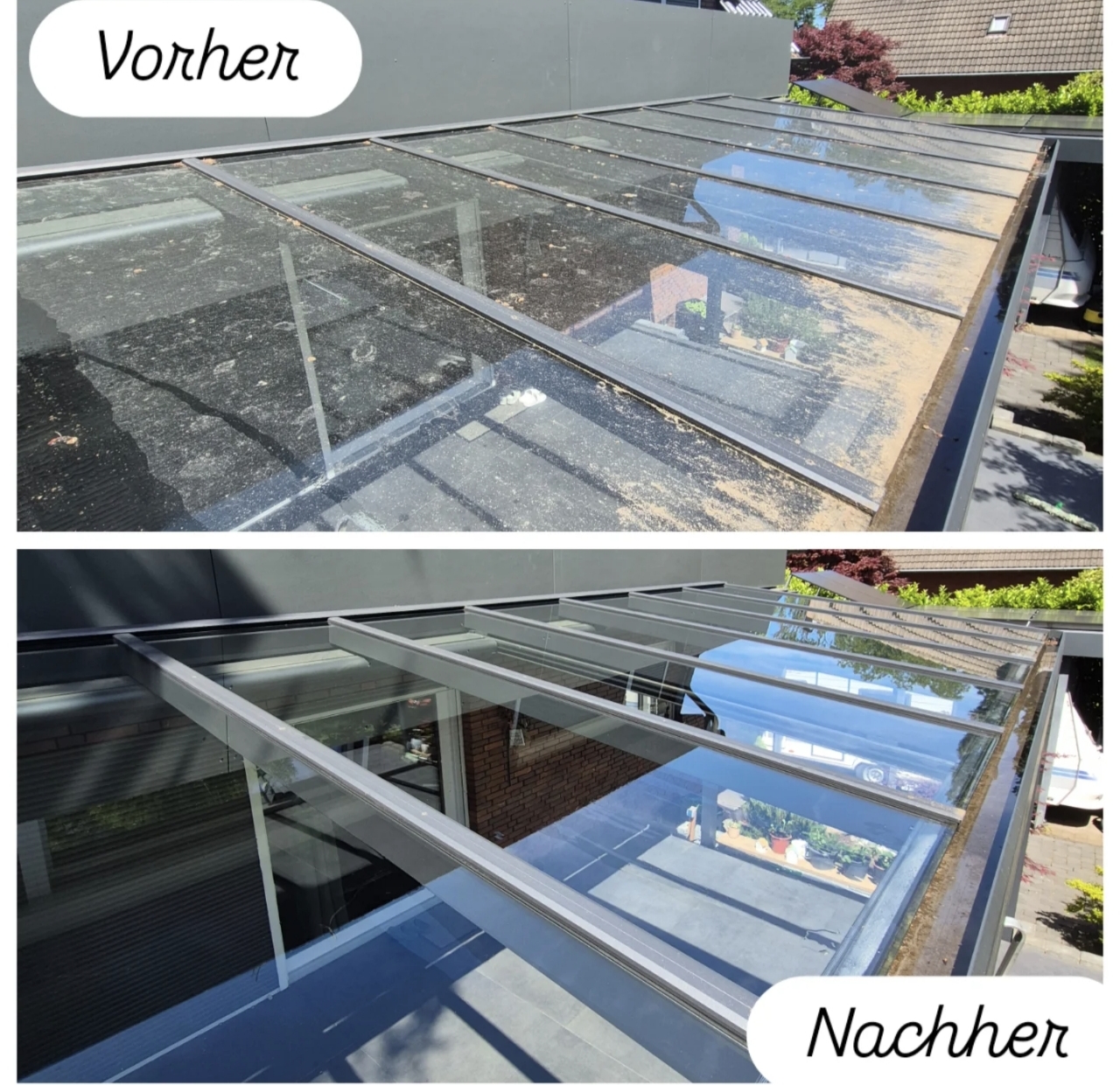 Vorher-Nachher: Terrassenüberdachung voller Blütenstaub und Schmutz, danach spiegelblank