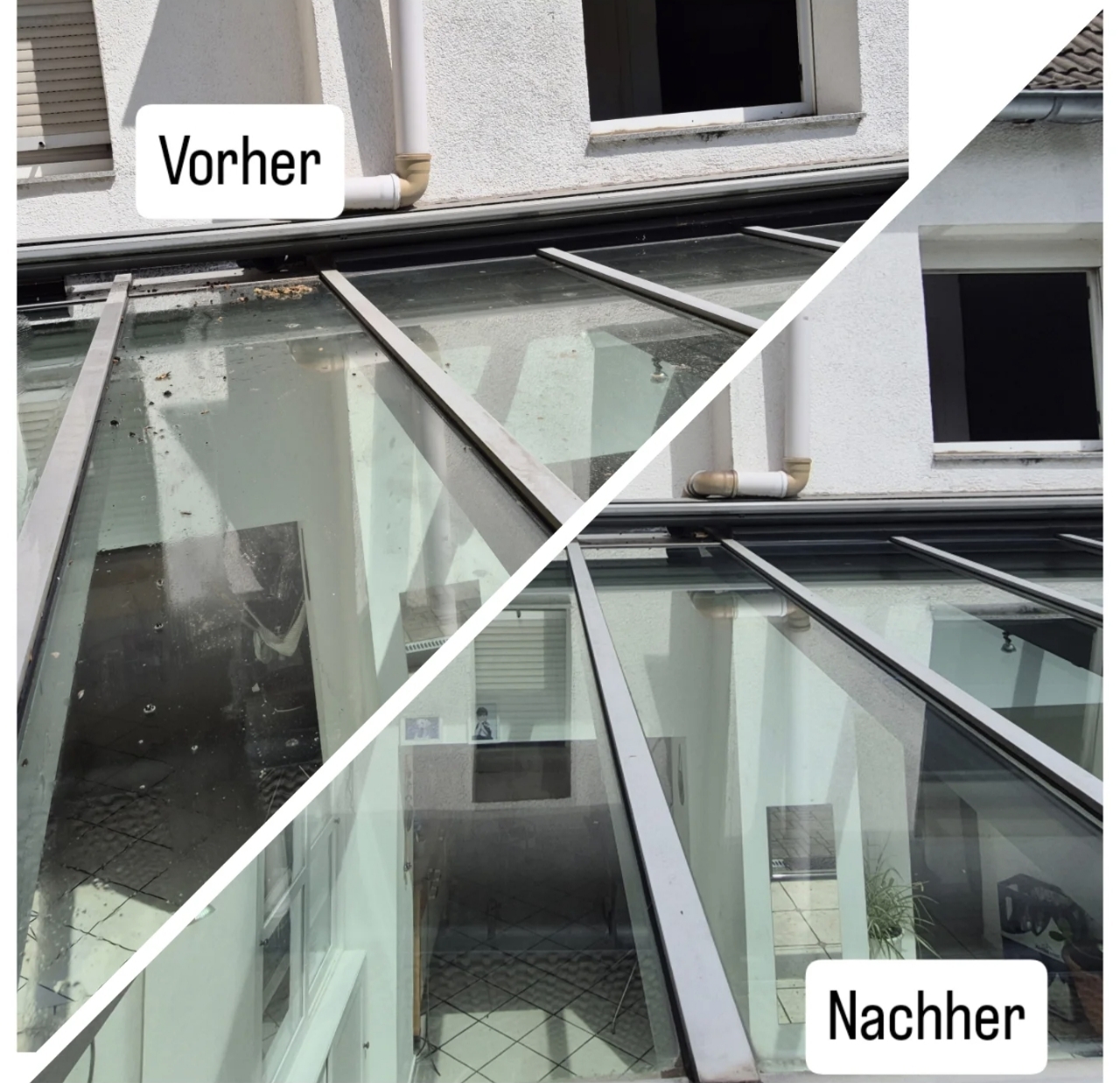 Vorher-Nachher: verschmutztes Glasdach eines Wintergartens und danach klar und sauber