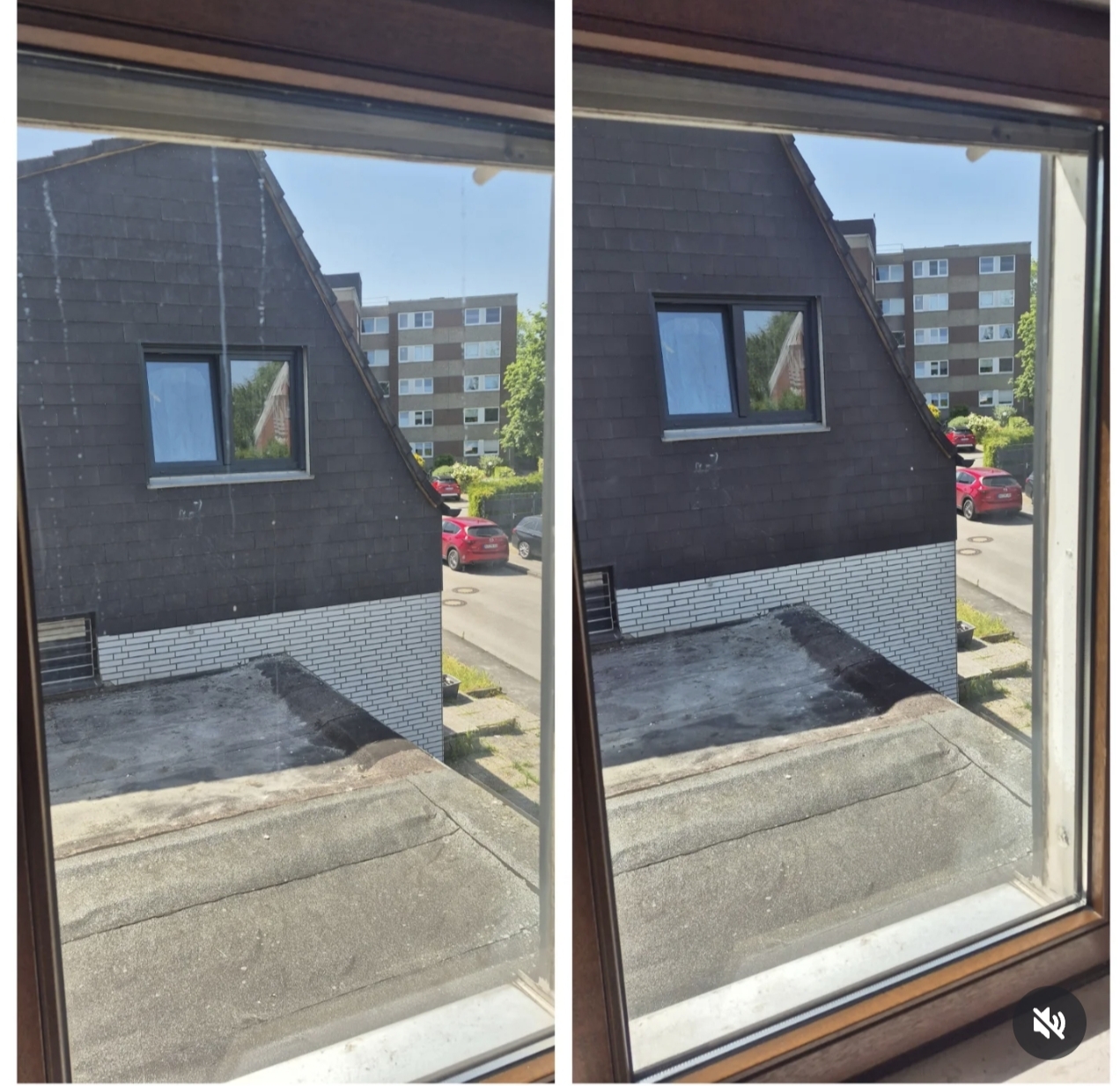 Vorher-Nachher: verschmutzte Fensterscheibe mit Streifen links, streifenfrei saubere Scheibe rechts